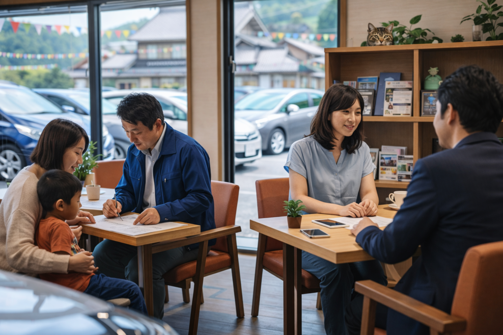 岐阜美濃加茂店の店内で車の商談が行われる中、棚の上から猫が見守る落ち着いた相談空間