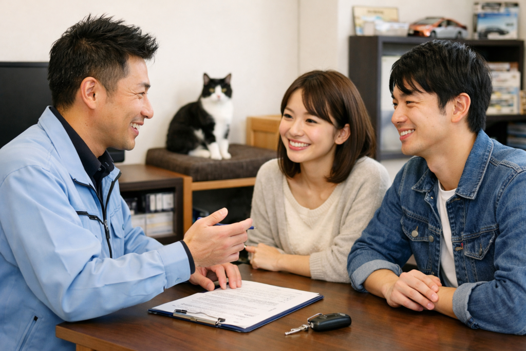 ローンや買取の不安を解消するための相談対応を行う店舗内の様子｜地域密着の中古車店