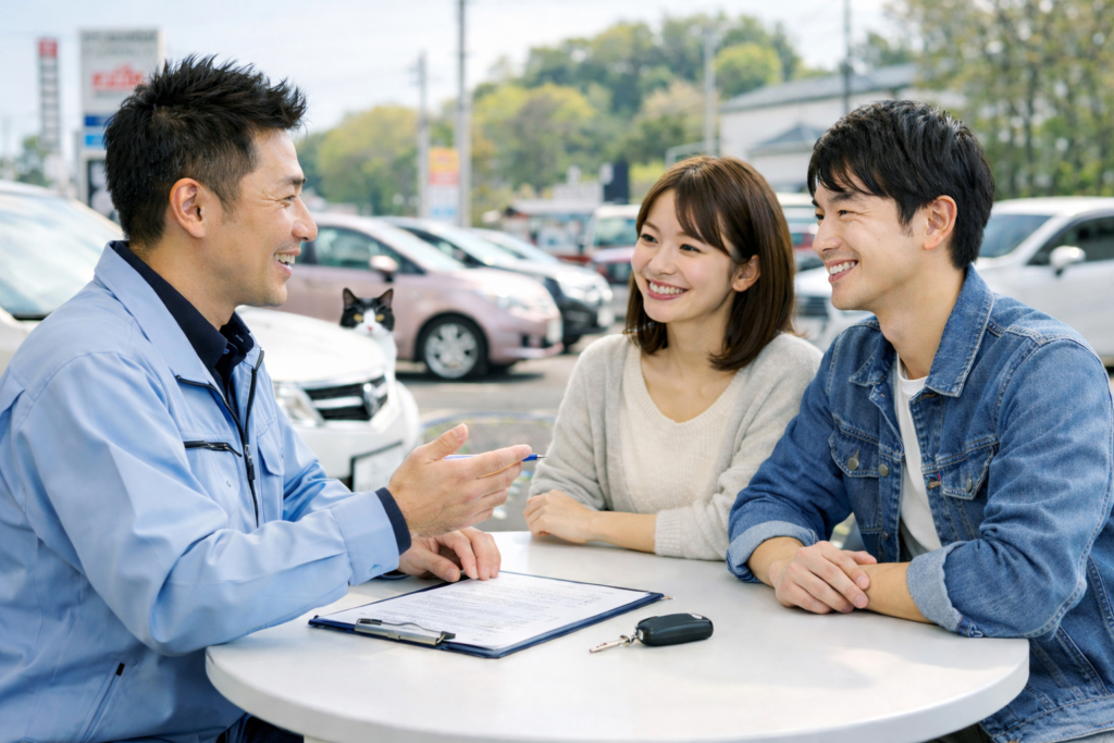 自社ローンや車買取について個別相談を行う中古車販売店の接客風景｜岐阜美濃加茂