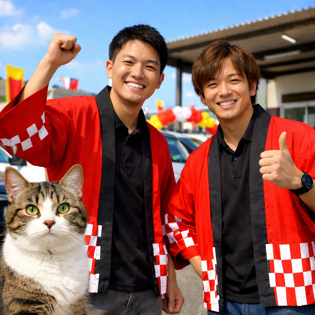 新店舗オープンを迎えた中古車販売店スタッフの明るい接客イメージと猫のいる風景