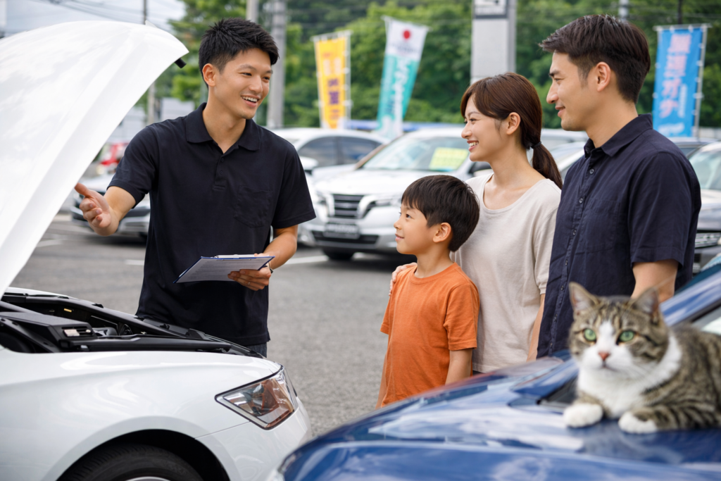 駐車場で家族のお客様に車を紹介するスタッフと商談を見守る猫のいる風景｜カーマッチ岐阜美濃加茂店