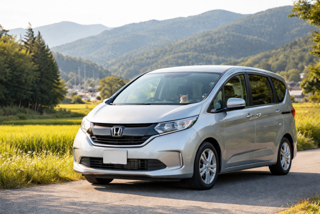 岐阜県で自社ローン・中古車販売・車高価買取を行うカーマッチ岐阜美濃加茂店の安心感あるイメージ写真。車のそばに小さく猫が映る。