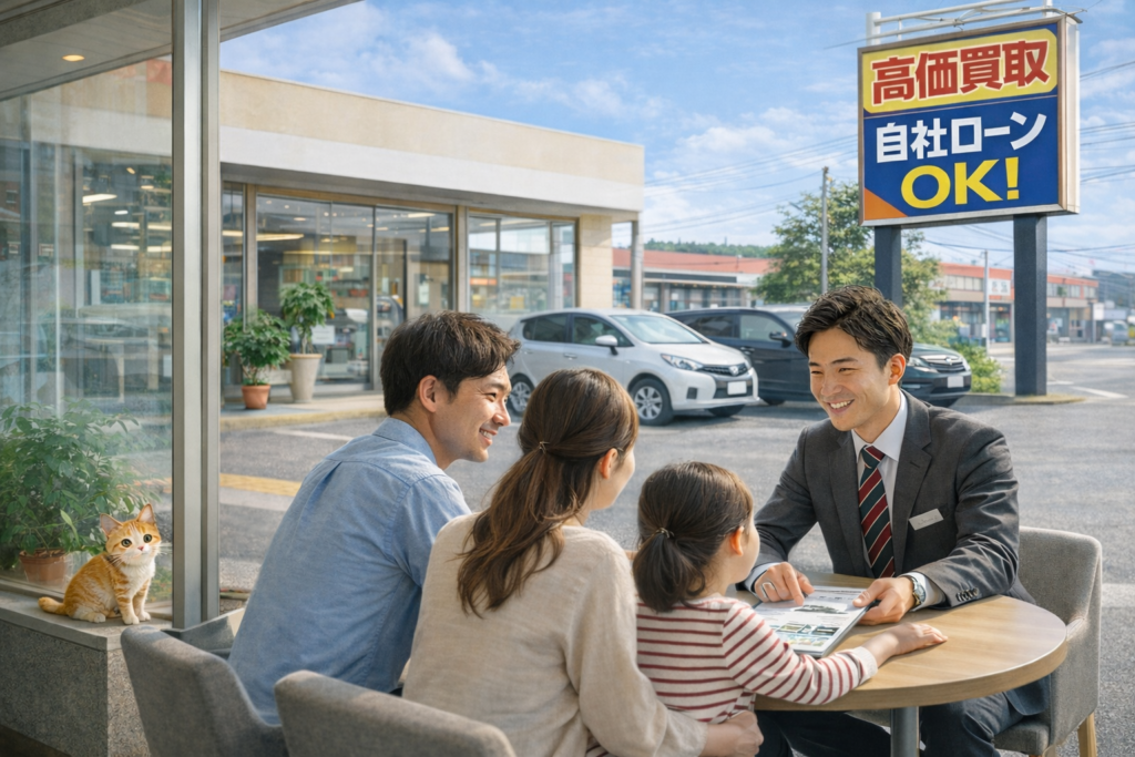 車の買取と購入を安心して相談できる地域密着の中古車店の商談風景