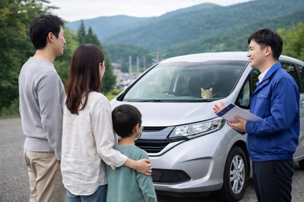 車を乗り換え相談する家族とファミリーカーのイメージ。岐阜美濃加茂で車買取から中古車販売、自社ローン相談までまとめて対応できる安心感を表現