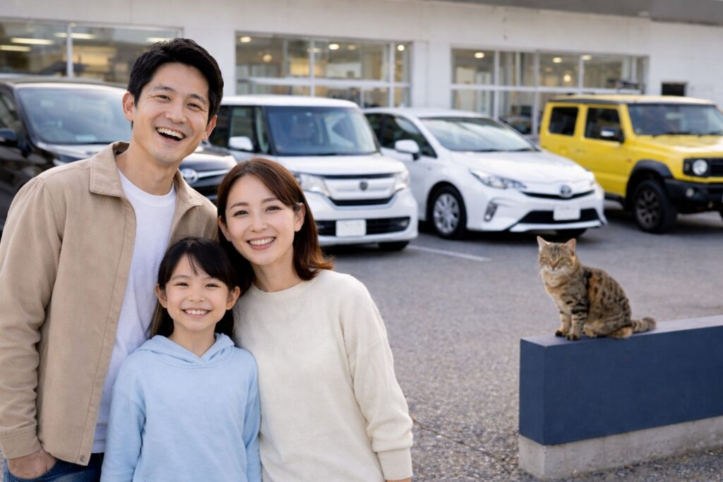 中古車販売店の前で笑顔のお客様と家族、ヴォクシー・N-BOX・プリウス・ジムニーが並び、そばに猫がいる安心感のある風景｜岐阜美濃加茂
