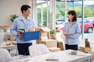 岐阜美濃加茂で自社ローン・中古車販売・車買取の相談体制を整える新店舗準備中の店内と猫