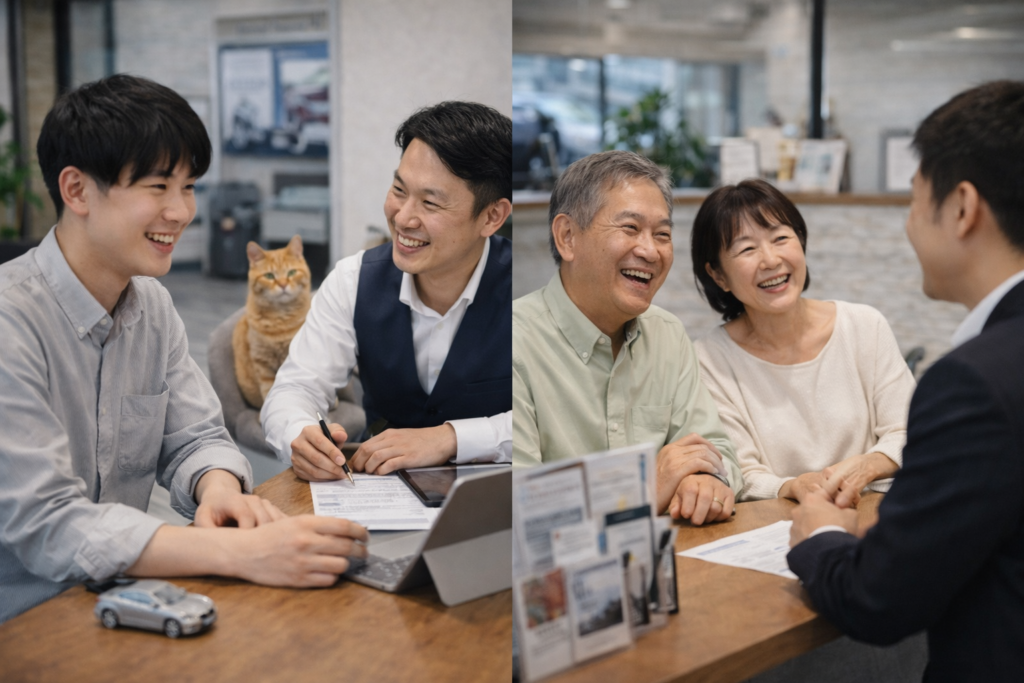 20代男性と60代ご夫婦がそれぞれスタッフと相談する世代を問わず安心できる中古車店の商談風景｜カーマッチ岐阜美濃加茂店