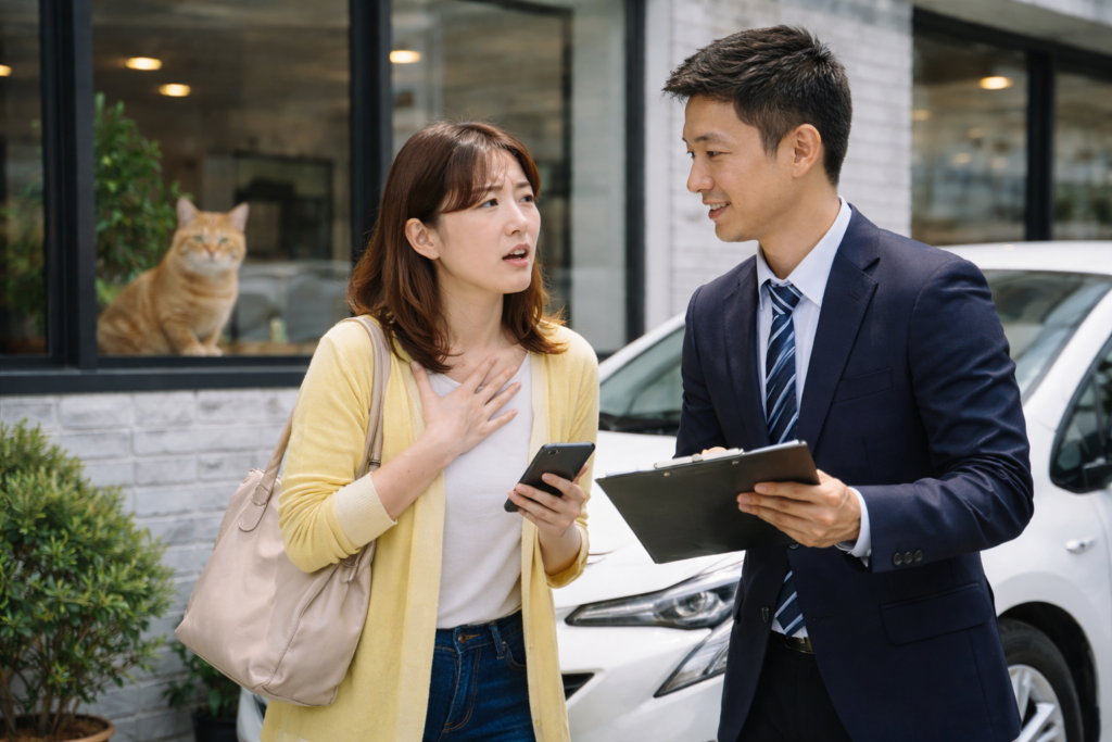 焦った女性客に男性スタッフが落ち着いて対応する店舗前の相談風景と窓から見守る猫｜カーマッチ岐阜美濃加茂店