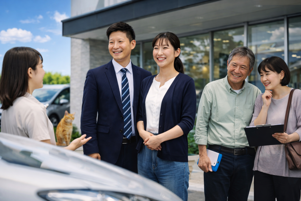 若い女性と高齢ご夫婦がスタッフに相談する世代を問わず対応する中古車店の風景｜カーマッチ岐阜美濃加茂店