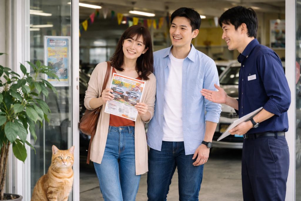 折込チラシを持って来店しスタッフに相談する夫婦の風景｜カーマッチ岐阜美濃加茂店