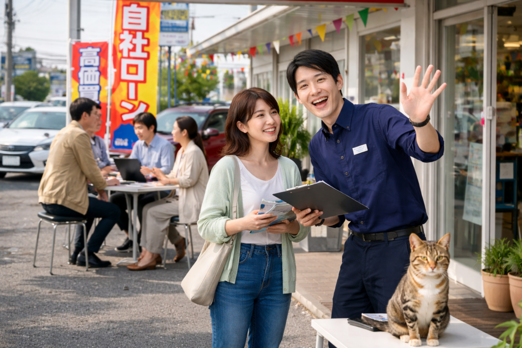 自社ローンと高価買取の案内をするスタッフと来店客の店舗前風景｜カーマッチ岐阜美濃加茂店
