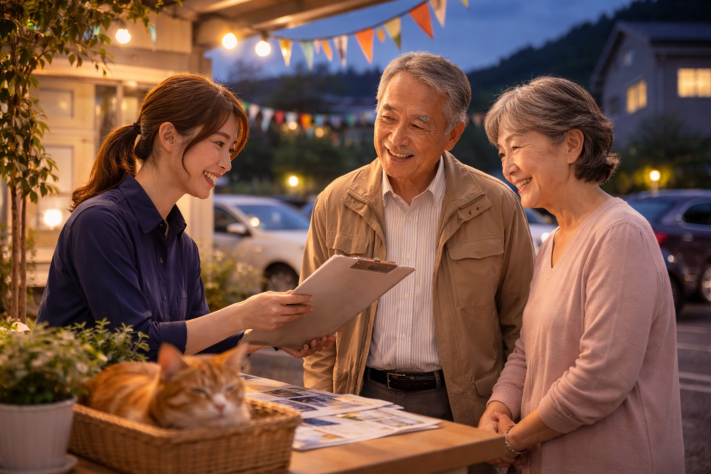 夕暮れの店舗前で笑顔の商談を行うスタッフとご夫婦｜地域密着の自社ローン・高価買取相談風景