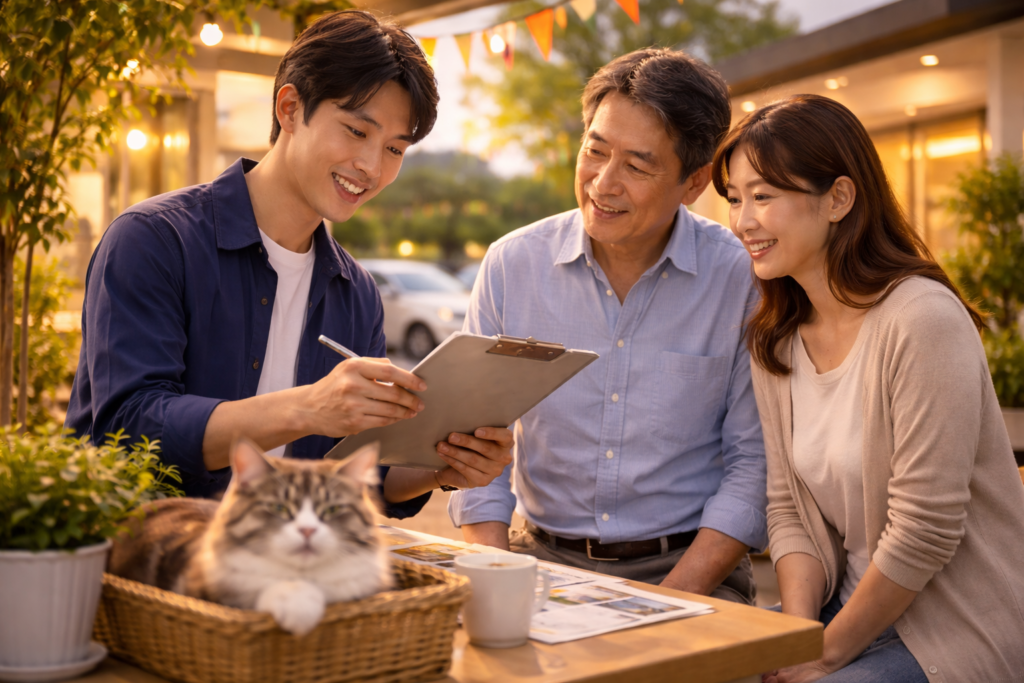夕暮れの店舗前で笑顔の商談を行う男性スタッフとご夫婦｜地域循環型自社ローン・高価買取の相談風景