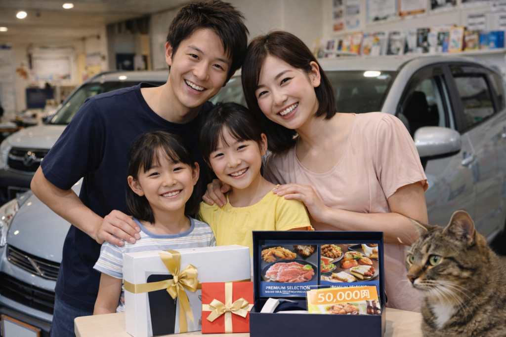 長年大切に乗った車を手放す4人家族をスタッフが見守る温かな買取相談風景｜カーマッチ岐阜美濃加茂店