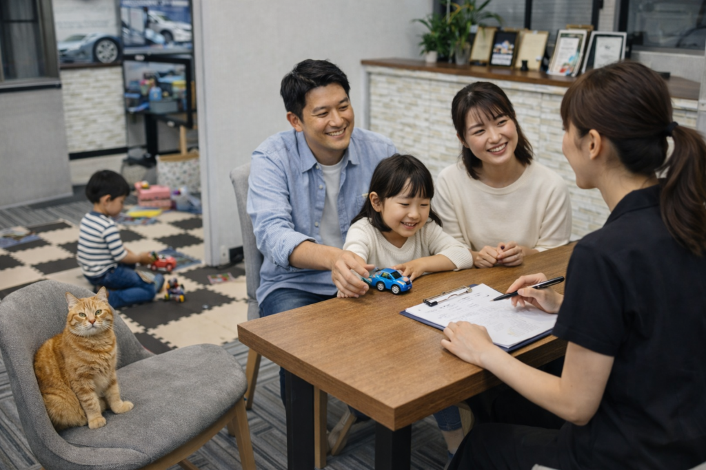 女性スタッフが4人家族と店内で落ち着いて商談する家族向け中古車相談の風景｜カーマッチ岐阜美濃加茂店