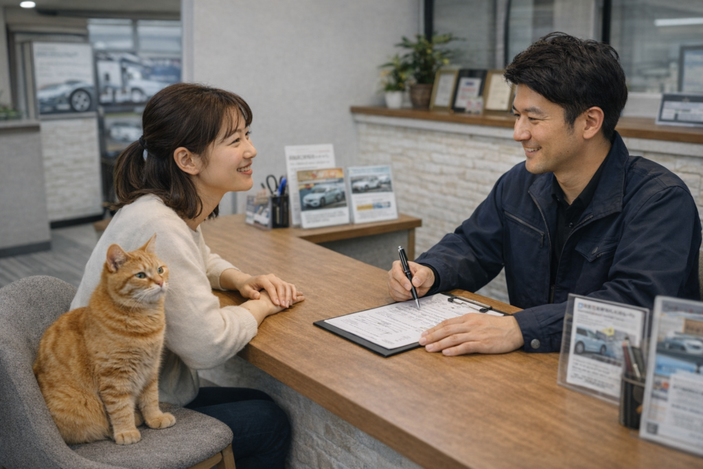 女性客が男性スタッフにカウンター越しで相談し、横で家族が見守る安心感のある商談風景｜カーマッチ岐阜美濃加茂店