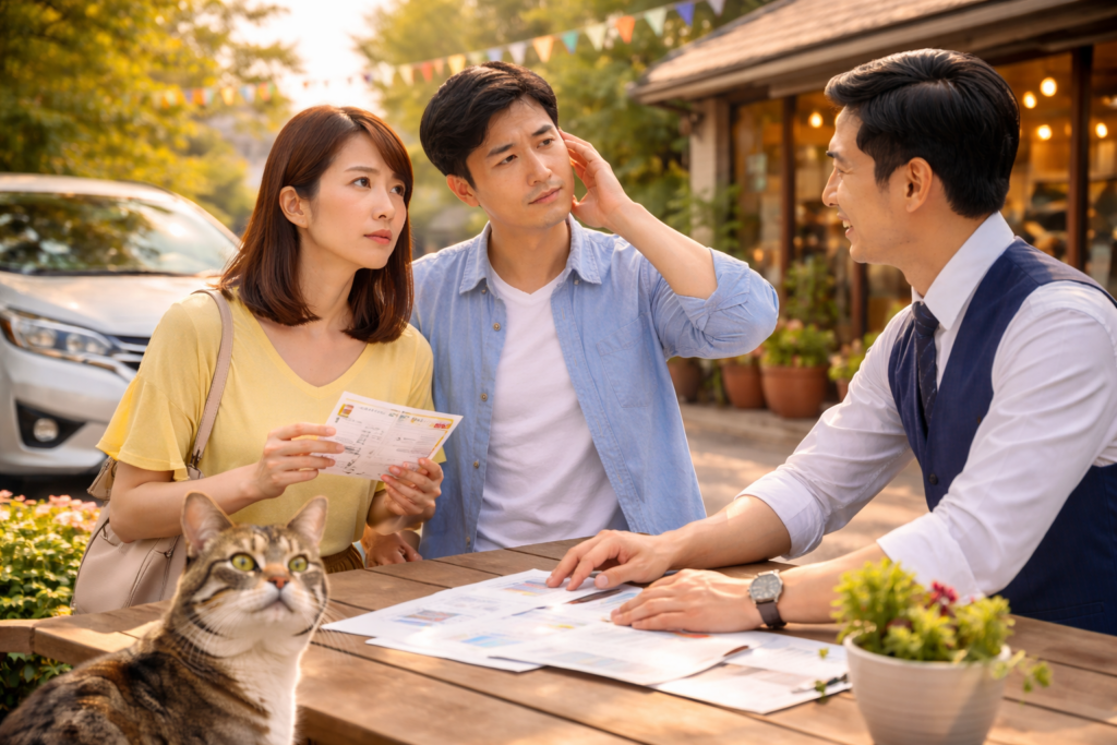 自動車税前に車の売却や乗り換えを相談する夫婦と中古車販売店スタッフのシーン