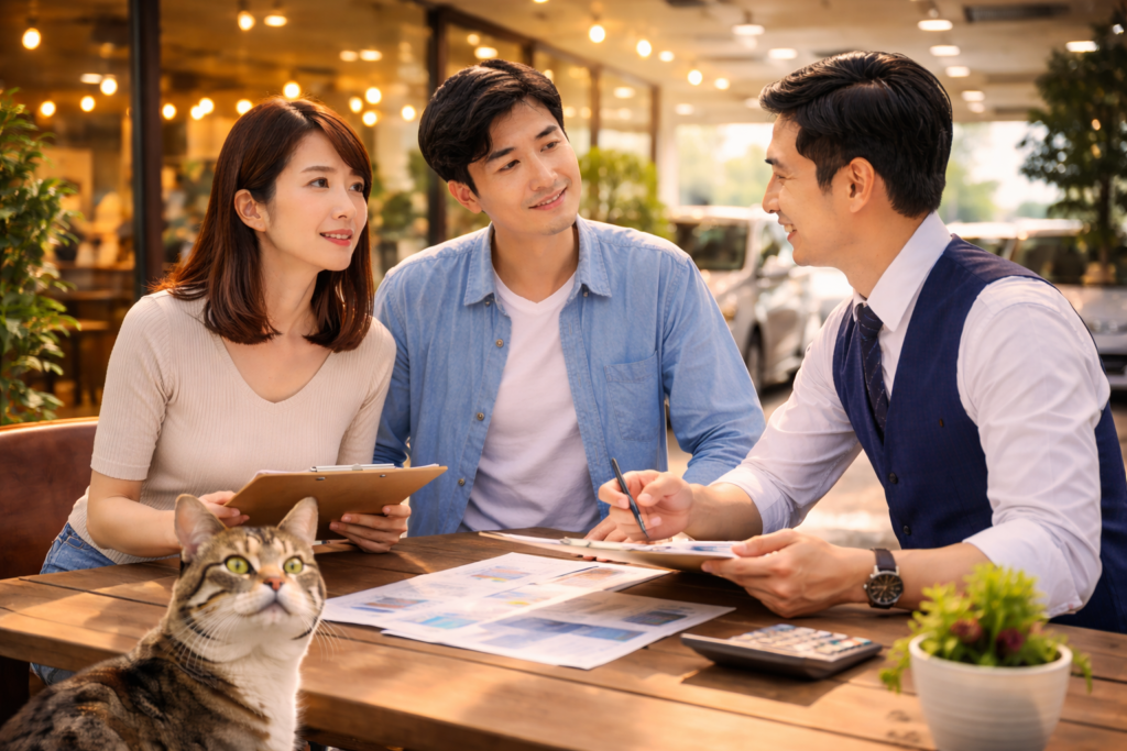 中古車販売店の店内で車の査定相談をするお客様とスタッフのシーン