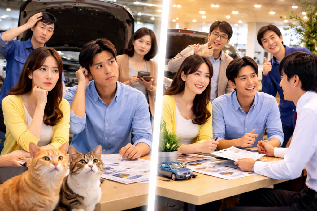 中古車販売店で自社ローンや車の悩みを相談し不安から安心に変わるお客様のシーン