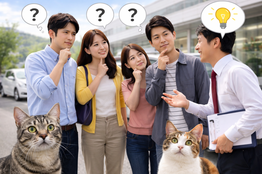 中古車販売店で車の購入や自社ローンの疑問を相談し解決するお客様とスタッフのシーン