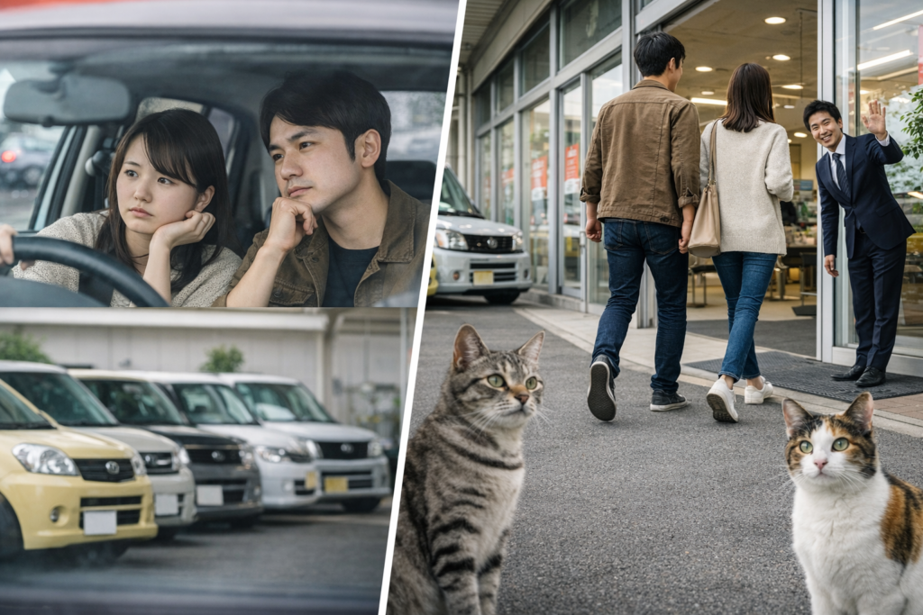 車の購入に悩むカップルが中古車販売店へ来店する様子とサバトラと三毛猫