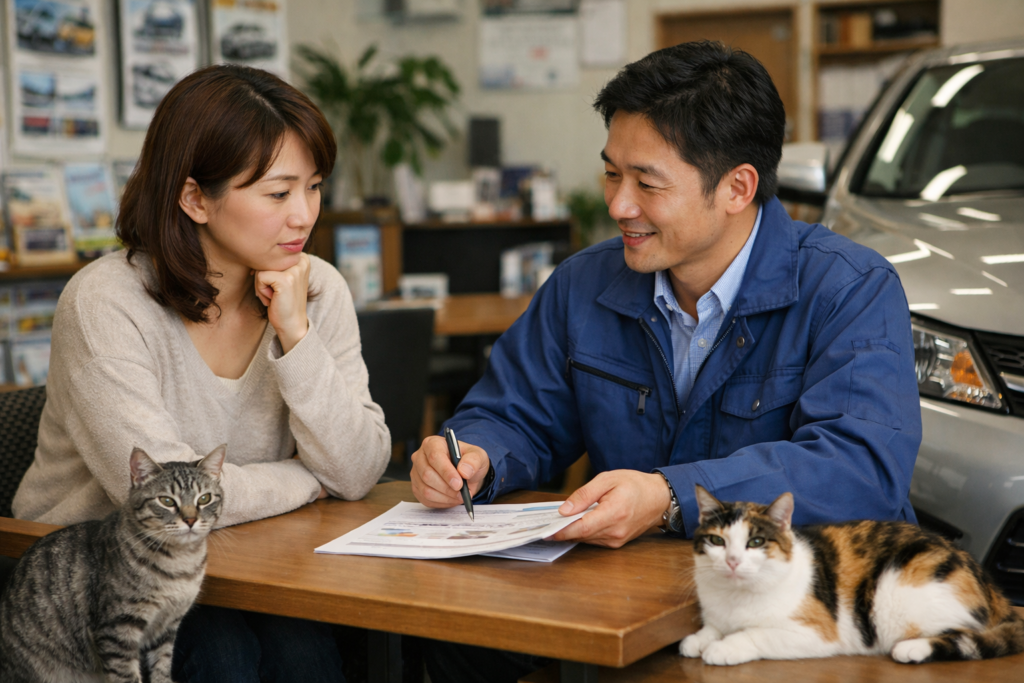 中古車販売店で車の購入や自社ローンについて相談する女性とスタッフと自然に寄り添う猫たち