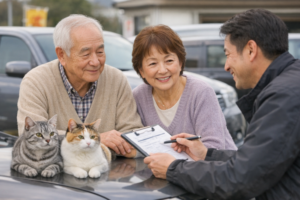 中古車販売店で車の売却相談をする高齢のご夫婦とスタッフとサバトラと三毛猫