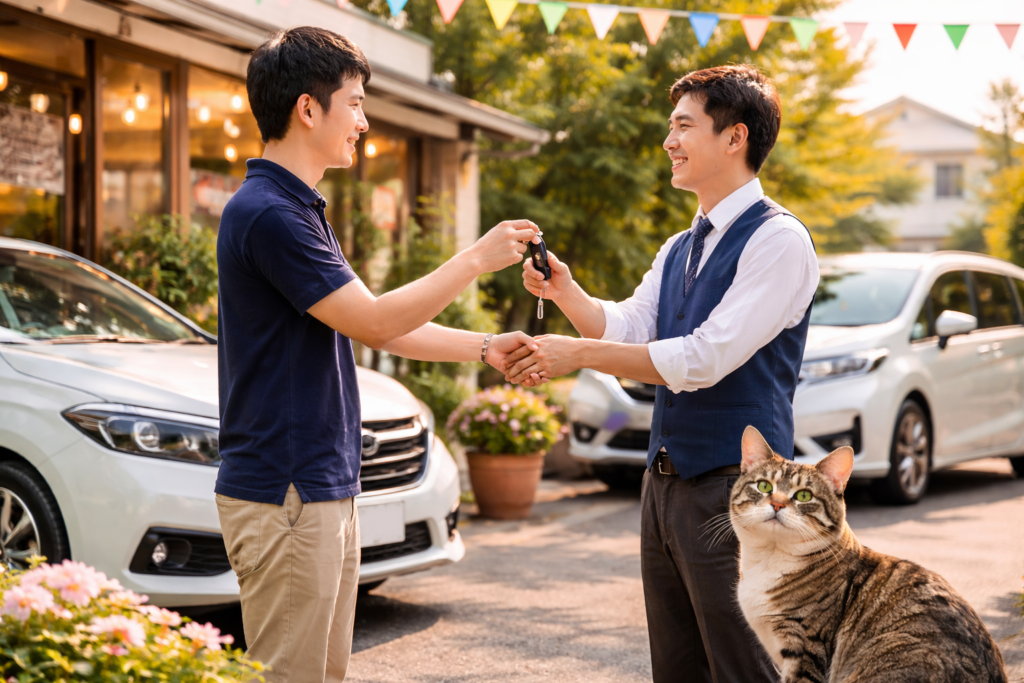 加盟店ネットワークで協力する中古車販売店スタッフと猫のいる店舗風景