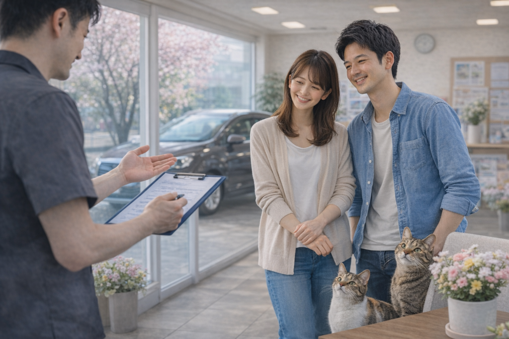 春らしい明るい店内で車の売却や購入について前向きに相談するお客様とスタッフの自然な商談風景
