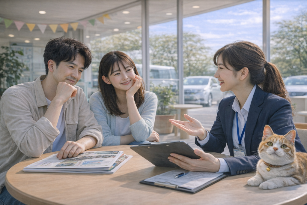 春の明るいショールームで笑顔のカップルがスタッフとリラックスして車の購入や売却について相談している商談風景