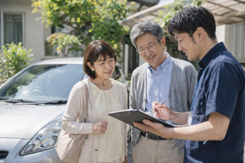 自宅前でリラックスした雰囲気の中、年配夫婦がスタッフと笑顔で車の相談を進めている風景
