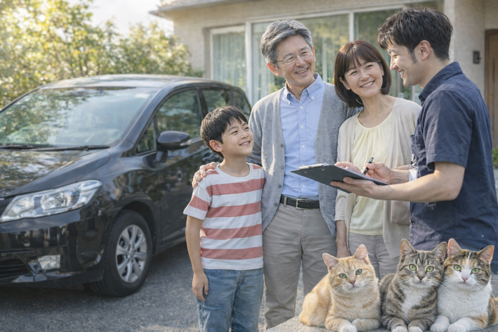 自宅前の駐車場で家族が安心した表情でスタッフと車の購入や売却について前向きに相談している商談風景