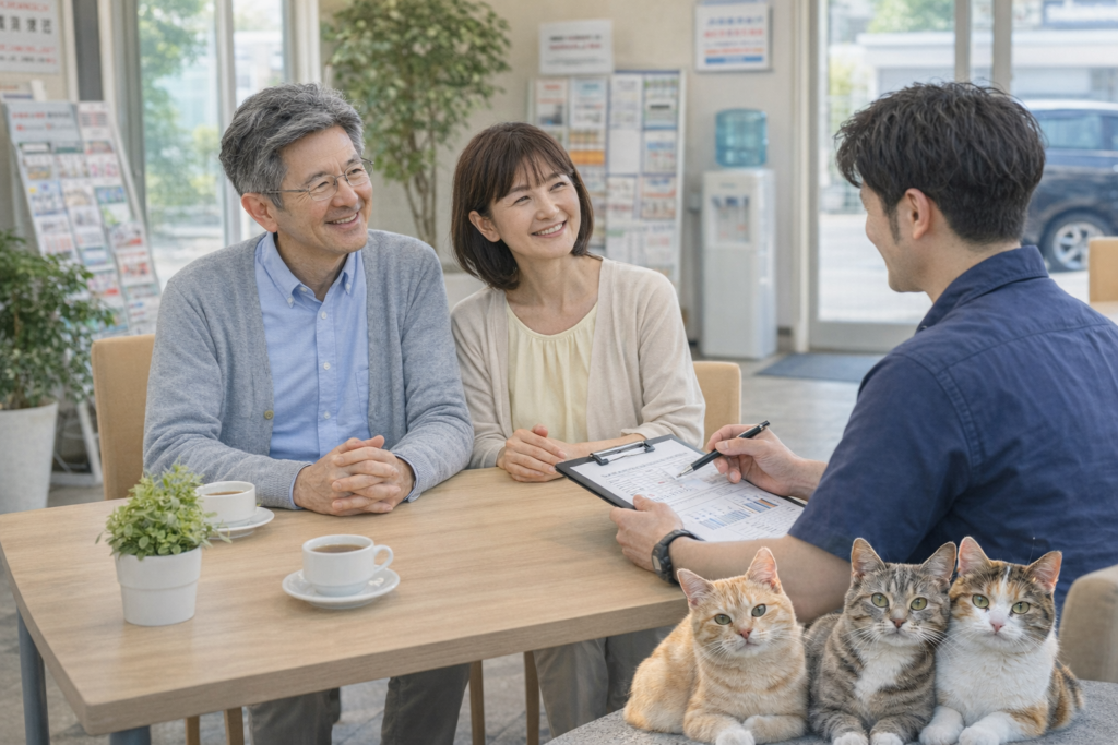 明るい店舗内のテーブルで年配の夫婦が安心した表情でスタッフと車の購入や売却について落ち着いて相談している商談風景