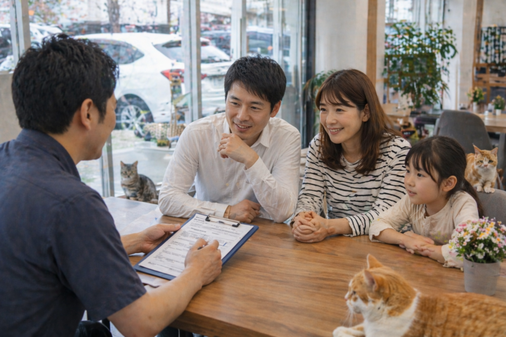 明るい店舗内のテーブルで家族が安心した表情でスタッフと車の購入や売却について相談している自然な商談風景とさりげなく見守る猫たち