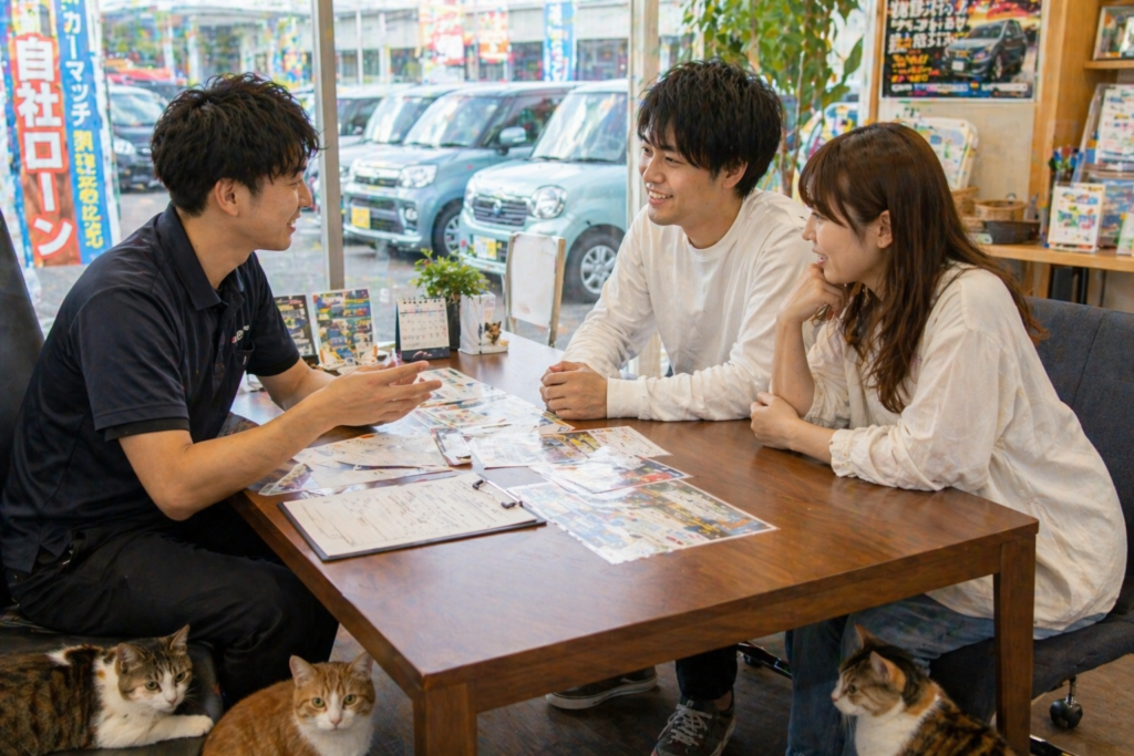 明るい店舗内のテーブルで若いカップルがスタッフの説明を受けながら車の購入や売却について安心して相談している自然な商談風景と足元でさりげなく見守る猫たち