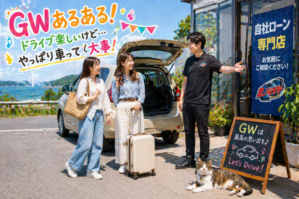 店舗前の開放的な空間でスタッフが女性二人組のお客様を笑顔で案内しドライブの相談をしている全身が映る来店シーンと足元でくつろぐ猫