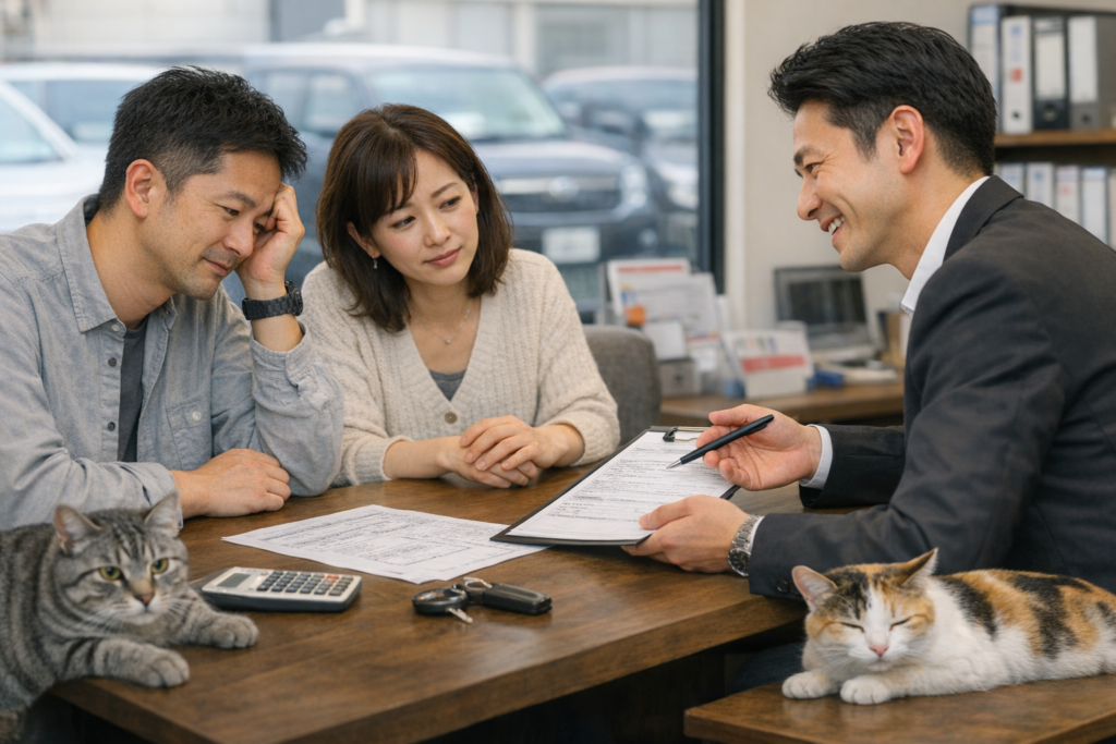 中古車販売店で車の売却や購入について相談し説明を受けるお客様とスタッフと自然にいるサバトラと三毛猫
