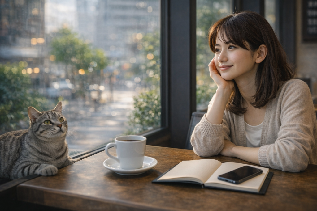 車の購入や売却に悩みながらも前向きに考える女性と猫のある日常風景