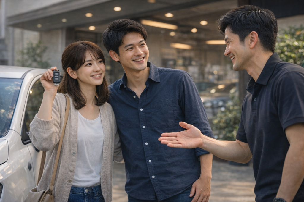 中古車購入の相談後に納車を迎えたお客様とスタッフの笑顔あふれるシーン