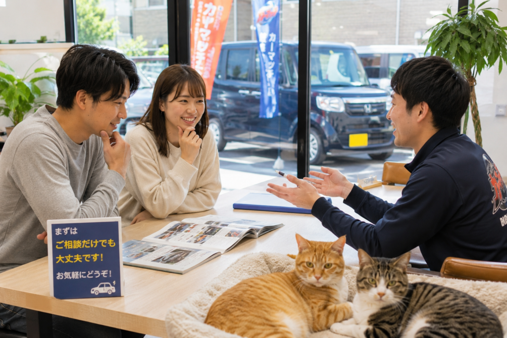 明るい中古車販売店の相談スペースで若い男女のお客様が男性スタッフとリラックスしながら車について相談している安心感のある接客シーンとテーブル前でくつろぐ2匹の猫たち