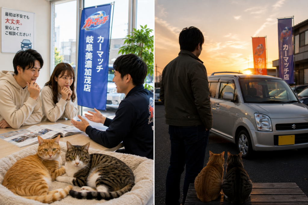 明るい中古車販売店で若い男女のお客様がスタッフと相談しているシーンと夕方の駐車場で男性が愛車を見つめながら売却を考えている感情的な場面を組み合わせた風景と猫たち