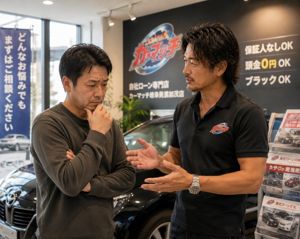明るい中古車販売店の店内で困った表情の中年男性がワイルドな雰囲気の男性スタッフに車やローンについて真剣に相談しているリアルな接客シーン