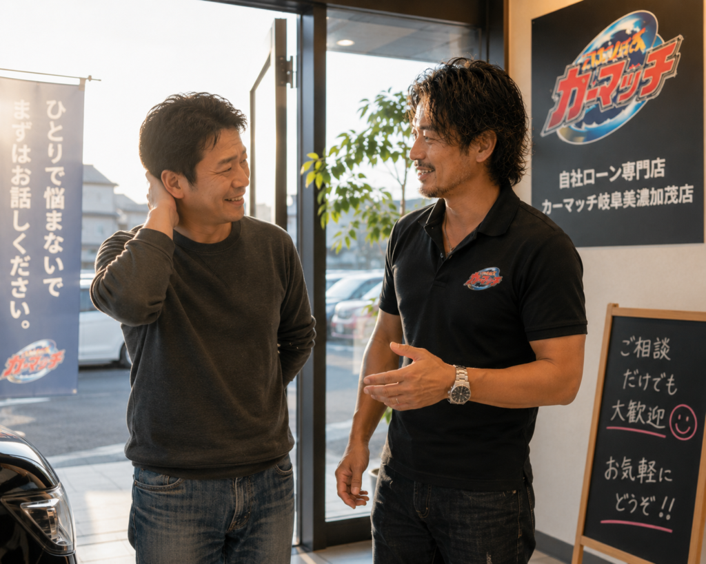 夕方の柔らかい光が入る中古車販売店の入口付近で少し安心した表情の中年男性がワイルドな男性スタッフと笑顔で相談している温かい接客シーン