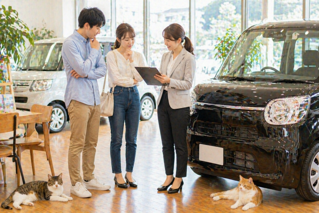 明るい中古車販売店の店内で車の横に立ちながらスタッフが男女のお客様に説明し悩みながらも納得していく相談シーンと足元でくつろぐ猫たち