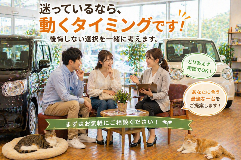 明るい中古車販売店の店内でソファに座りながらスタッフと男女のお客様がリラックスして会話し車購入について前向きに相談している決断前の自然な商談シーンと足元でくつろぐ猫たち