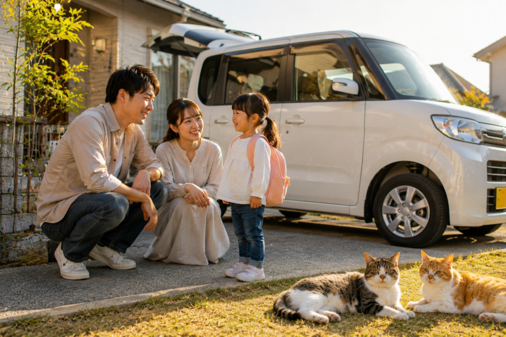 夕方の住宅街で白い軽自動車の前にしゃがみながら夫婦と子どもが笑顔で会話している家族の日常シーンと芝生でくつろぐ2匹の猫たち