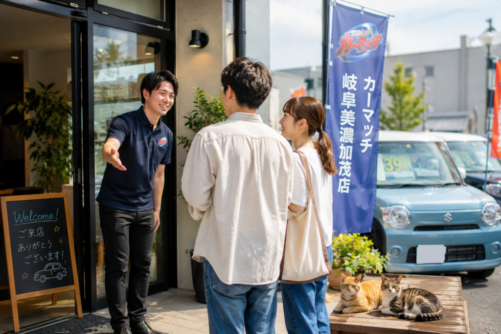 明るい中古車販売店の入口で男性スタッフが笑顔で若い男女のお客様を迎えている地域密着型の来店シーンと足元でくつろぐ2匹の猫たち