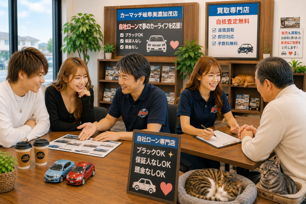販売も買取も気軽に相談できる地域密着カーショップの店内風景