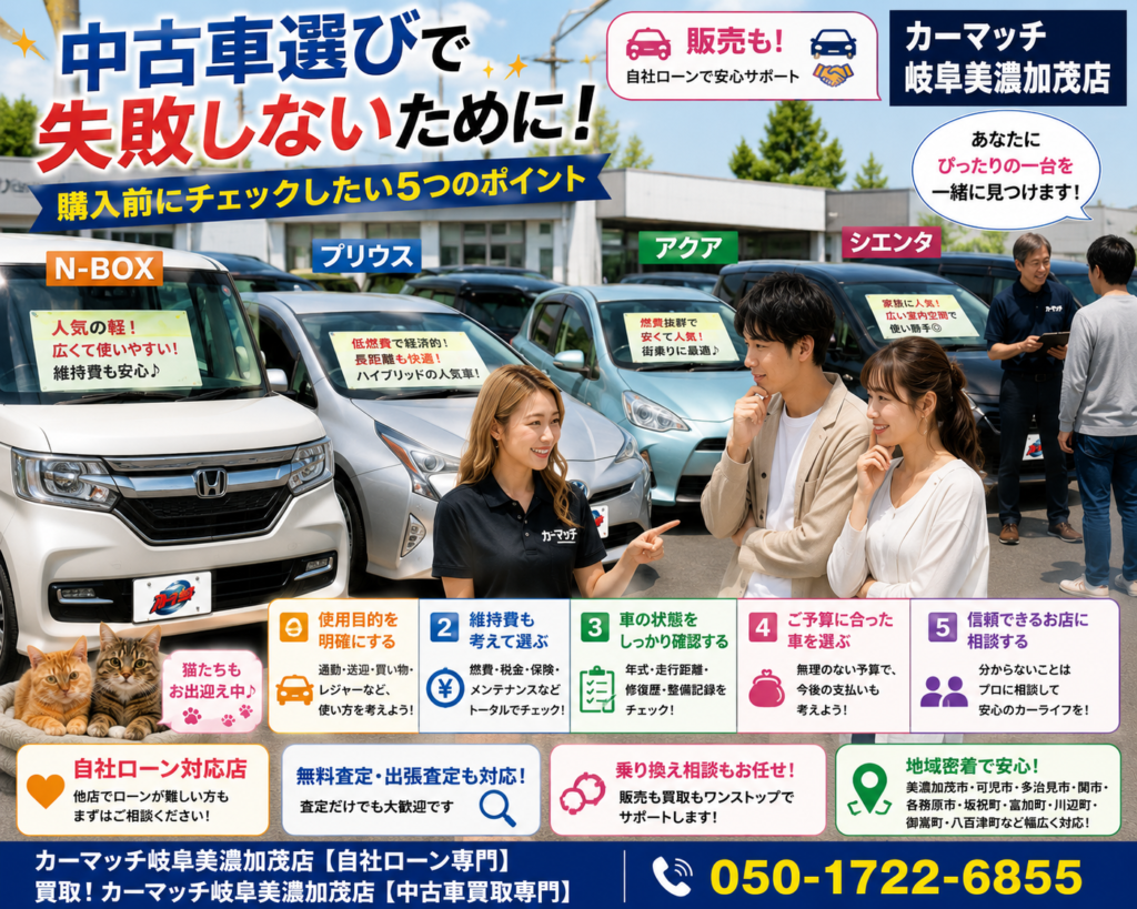 美濃加茂市・可児市・多治見市・関市で中古車選び・車買取・無料査定・自社ローン相談に対応するカーマッチ岐阜美濃加茂店