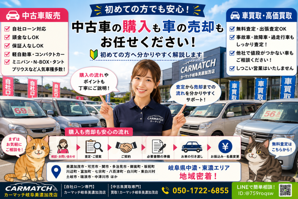 岐阜県美濃加茂市で初めての中古車購入・中古車販売・自社ローン・車買取・高価買取・無料査定・軽自動車・N-BOX・タント・プリウスの相談ならカーマッチ岐阜美濃加茂店